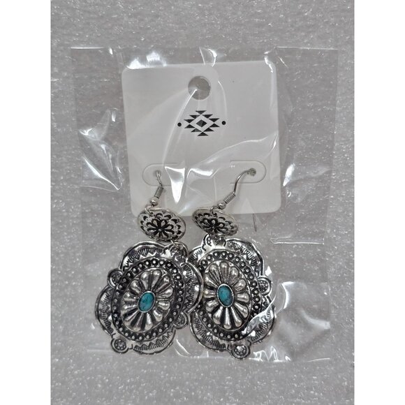 Western Style Silver Tone & Faux Turquoise Drop Dangle Earrings - Picture 1 of 2